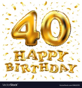 vector happy birthday 40th celebration gold balloons and golden confetti glitters. 3d Illustration design for your greeting card, invitation and Celebration party of forty 40 years